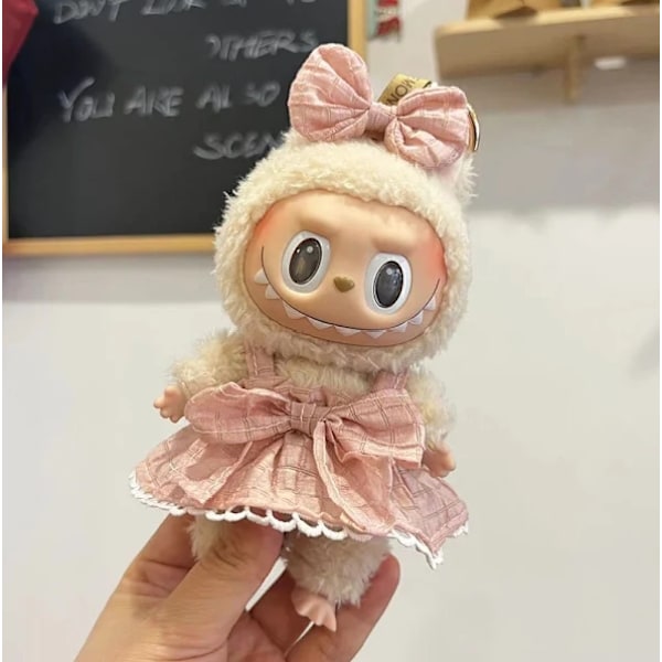Hängande klänning i mjölkkaffe färg, (endast kläder) 17 cm blind box macaron Labubu Labubu Time to chill dockkläder