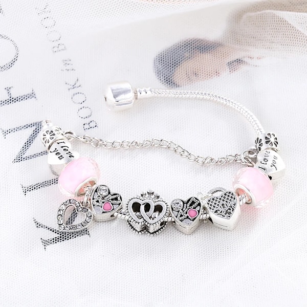 Baopn Europeisk Rosa Hjerte Til Hjerte Perler Charm Armbånd For Kvinner Fit Merke Armbånd & Bangle Par Smykker Dropshipping 023 18cm