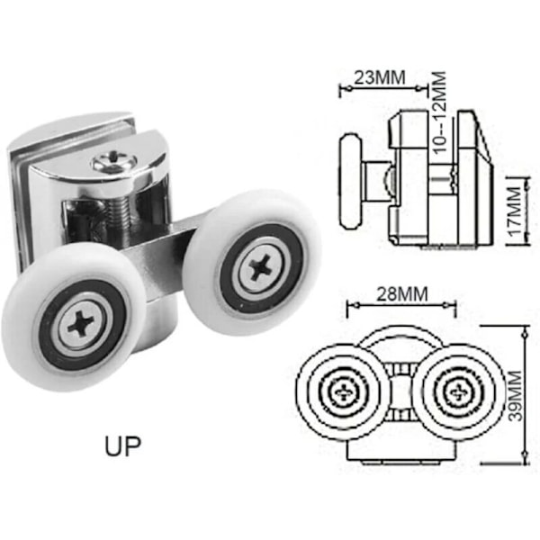 Sett med 4 doble hjul - For skyvedusjdører, 2 hjul 23 mm diameter sinklegering baderom