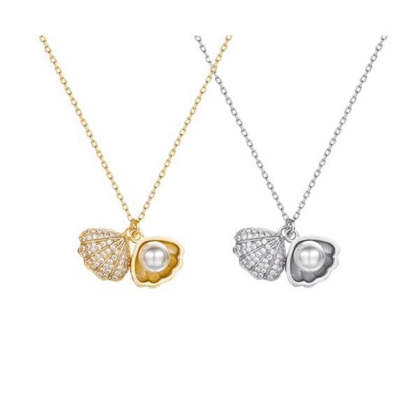 Kvinnors pärlskalhänge Cubic Zircon Bröllopshalsband Smycken, set med 2-guld