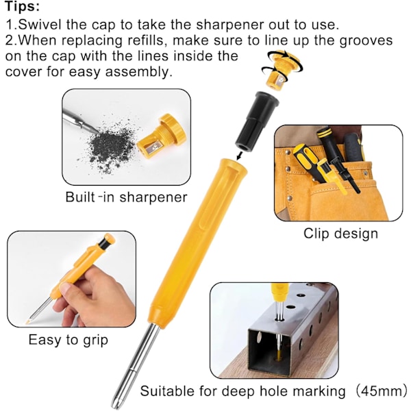 2-pack Snickarpennor, 12 Påfyllningar, Tunga med Spetsvässare Black, Yellow