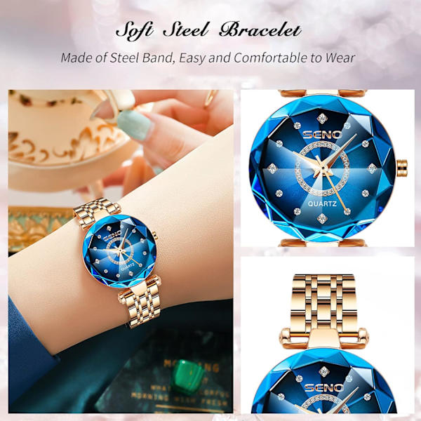 Klokker for kvinner Analogt kvartsur med rustfritt stålreim Vanntette dameklokker Mote Rhinestone armbåndsur for damer jenter Blå Blue