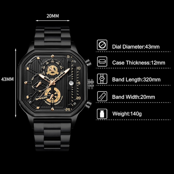 Herrar Kvartsur Klocka Mode Fyrkantig Armbandsur Luminous Analog Klocka Multifunktionell Kronograf Klocka Fritid Rostfritt Stål Herrklocka Guld C Gold C