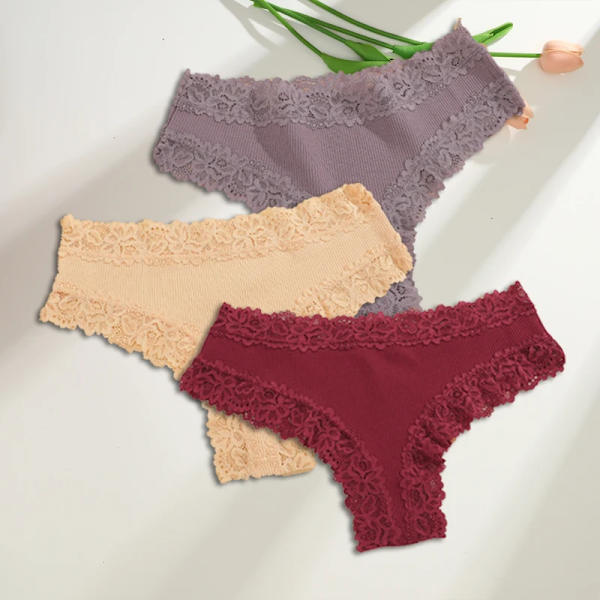 3st/set Bomull brasilianska underkläder för kvinnor Sexiga spetsribbade blomstringtrosor Kvinnliga Andas Solid T-back Bikini S- SET 15 XL