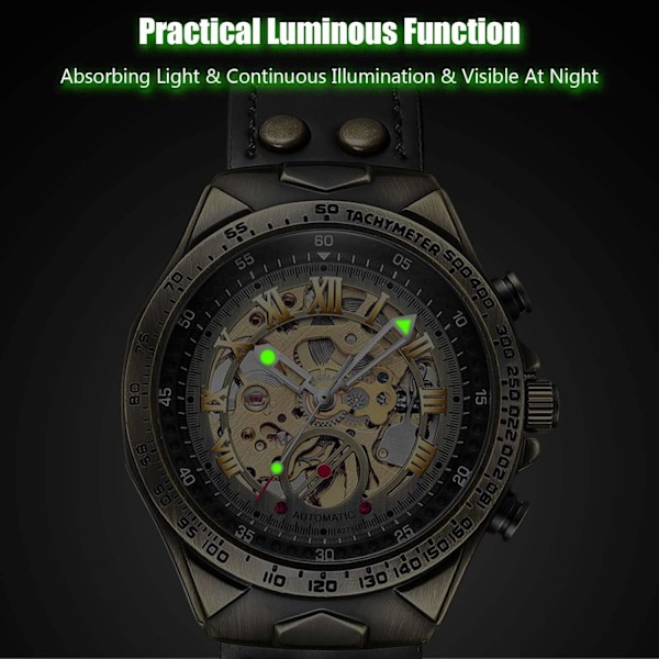 Automatisk Mekanisk Herreklokke Lyssterk Vannresistent Armbåndsur Steampunk Skjelett Ur Herreklokke Vintage Lærreim Klokker Brun Svart Brownish black