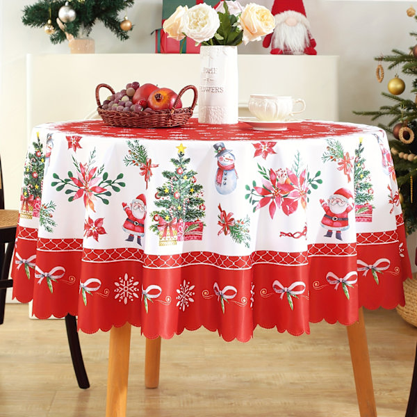 1 kpl, polyester pöytäliina, Hyvää Joulua -kuosi, piirretty joulupukki ja lumimies kuvio pöytäliina, jouluinen pöytäkoriste 152.4cm (pyöreä)
