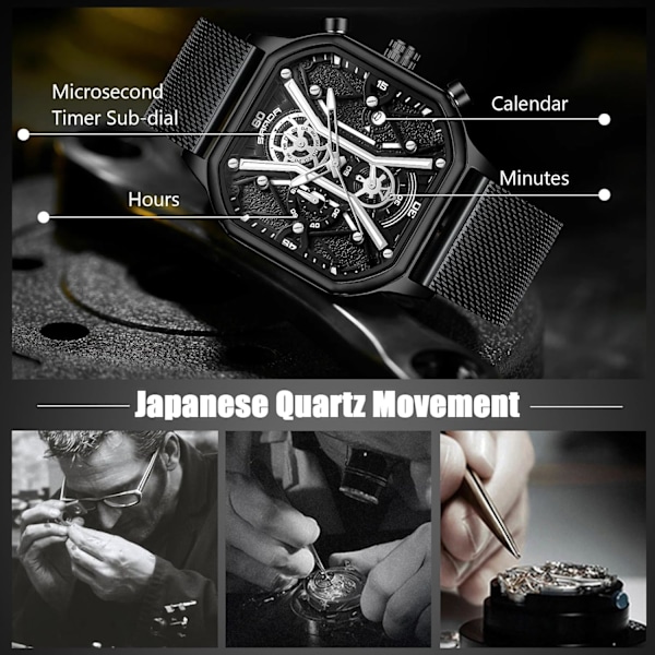 Quartz armbåndsur til mænd business rustfrit stål ur lysende analog armbåndsur multifunktionel chronograph ur mode firkantet ur Sort B Black B