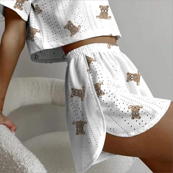 Kvindernes Udskrivning Pyjamas Sæt Sommer Casual Kvindernes Kort Ærme Toppe Shorts Sleepwear 2 Bit Sæt Rund Hals Hjem Loungewear SY038-7 S