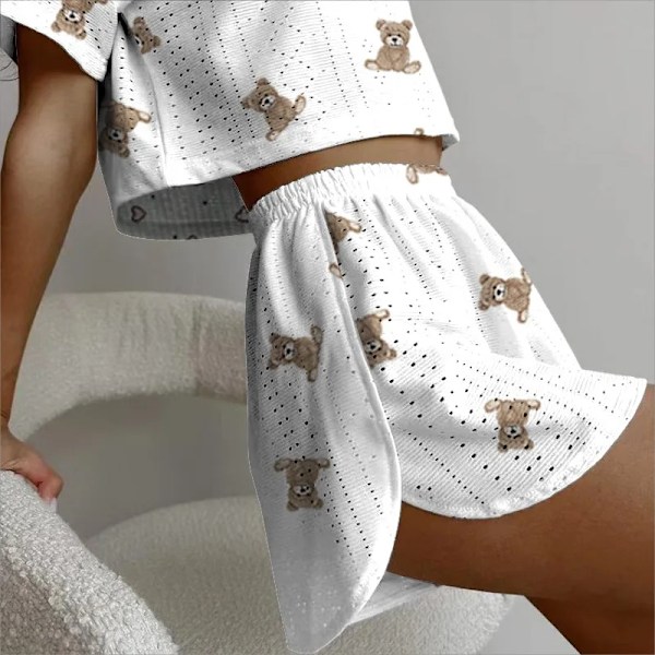Kvinners Utskrift Pyjamas Set Sommer Casual Kvinners Kort Erme Topper Shorts Sleepwear 2 Bit Set Rund Hals Hem Loungeklær SY038-7 L