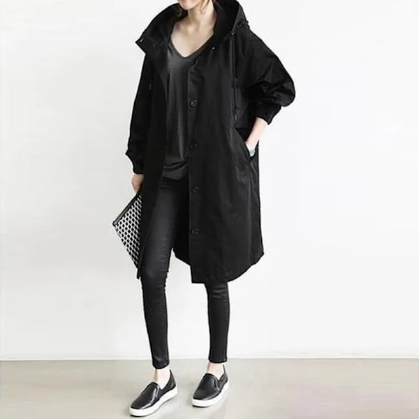 Hætte Lomme Langærmet Vindjakke Løs Nederdel Midt Længde Jakke Britisk Stil Kvinder Tøj Solid Efterår Tynd Casual Casual Casual Case Vintage Blå L