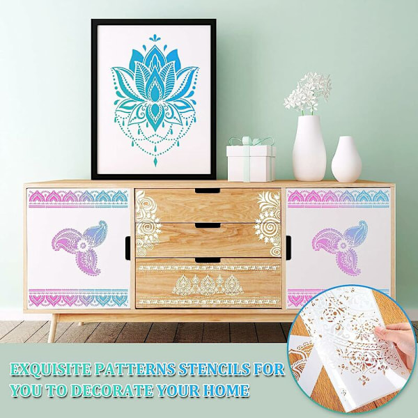 12 kappaletta suuri mandala-stencilit, uudelleenkäytettävät mandala-maalaukset, 8,3 x 11,7 tuumaa, kukkakuvio-stencilit, mandala-piirustus