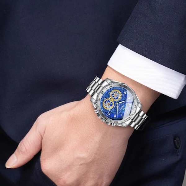 Herrar Kvarts Armbandsur Fritids Rostfritt Stål Klockor Mode Analog Klocka Luminous Datum Kalender Herrklocka Vit Blå White blue
