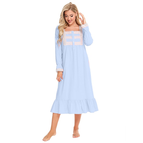 Dam vintage viktoriansk nattlinne långärmad skira nattkläder Pyjamas nattkläder Lounge dress blå blue XL