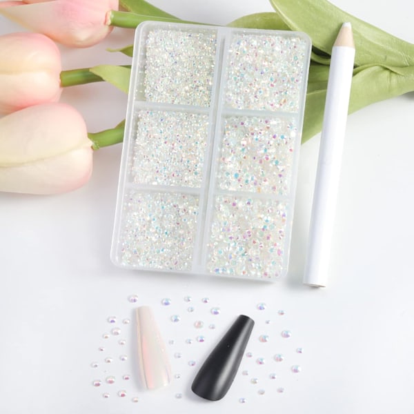 7200 kpl Litteitä Strassisteja Käsitöihin, Läpinäkyvät, Sekalaiset 6 Kokoa Vahakynien Setillä, SS3-SS10 Transparent AB 6 Sizes/7200pcs
