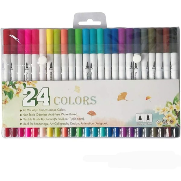 Penselpenna med dubbla spetsar, 24 färger Fine Point Pens Markers SQBB
