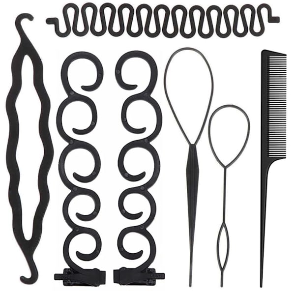 Hårstylingssæt til kvinder - 7 dele - Fransk fletning værktøjer og tilbehør (Sort) Black 7-piece set