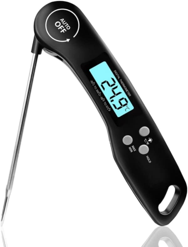 Digitalt Kødtermometer, 3-Sekunders Aflæsning, Baggrundsbelyst LCD, Sammenfoldelig Rustfri Stålsonde, Automatisk Tænd/Sluk, BBQ Madlavning, Sort