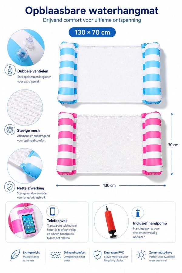 Oppustelig vandhængekøje-sæt med dobbeltrør, luftpumpe og telefonpose, foldbar til voksne og børn, pink og blå