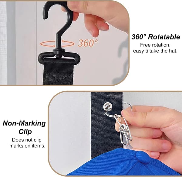 2 Pieces Hat Storage, Practical Hat Rack, Baseball Cap Storage with 16 Stainless Steel Clips, Hanging Hat Organizer with 2 Self-Adhesive Hooks-max