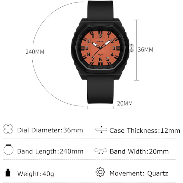 Klockor Kvarts 5 ATM Vattentät Armbandsur Sport Luminous Herrklockor Fritid Analog Klocka Unisex Silikon för Tonåringar Svart Orange A Black Orange A