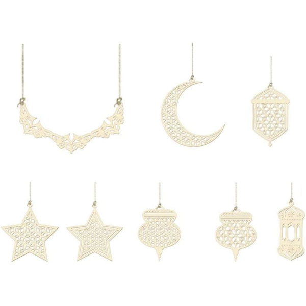 Trehengende pynt, hengende eid mubarak, tredekorasjoner for eid mubarak hjemmefestdekor, utlånt treheng 8st-Abcdefhi