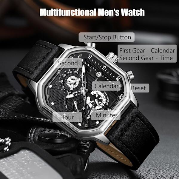 Ur Fashion Square Håndleds Ur Lysende Analogt Ur Multifunktionelt Chronograf Ur Fritids Rustfrit Stål Herre Ur Sort Sølv A Black silver A