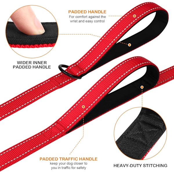 Solid Refleks Hundefører, Dobbelt Håndtak, 4FT Rød for Store Hunder Red 4 ft 2 Handle