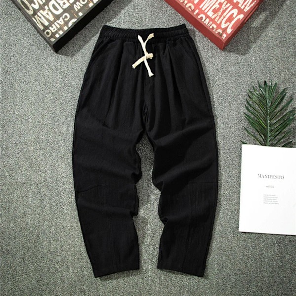 Streetwear Herr Bomull Byxor Casual Solid Färg Långa Byxor Andas Dragkedja Rak Byxor Harem Byxor Herr Baggy Byxor Svart Asiatisk M(45-55Kg)