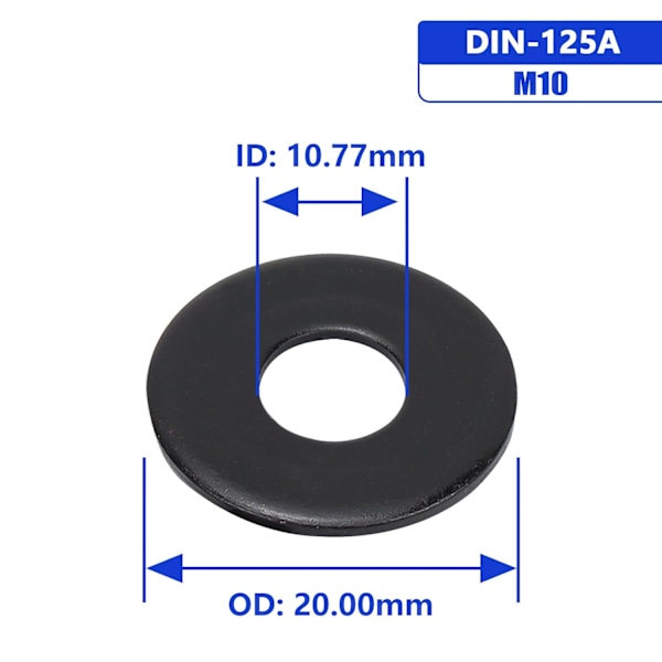 M10 x 20mm Yttre Diameter Svarta Platta Brickor - 20 St 18-8 (304) Rostfritt Stål Black M10/304