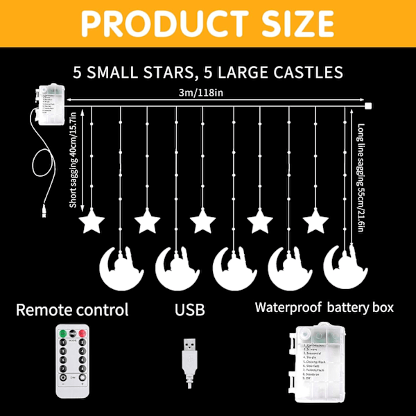 Ramadanin valosarjat - 100 LED-valoa tähtien ja kuun muodossa, 3m paristoilla toimiva kaukosäätimellä Big lock warm