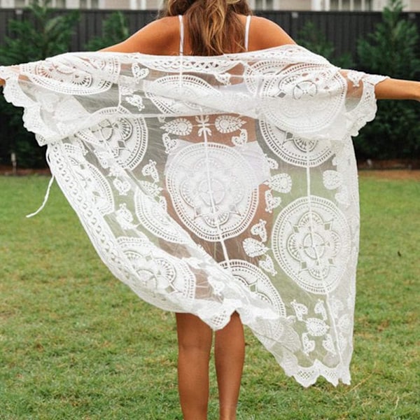 Dame Badedragt Cover Up Badedragt Kimono Lang Strandkjole Blomstret Blonde Bikini Badetøj Solbeskyttelsestøj