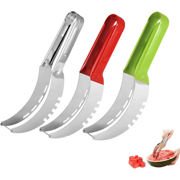 Vattenmelonskärare, melonskärare av rostfritt stål, multifunktionell fruktskärare kökshjälpskniv för cantaloupe papaya drakfrukt vattenmelon (3 st) 3 delar