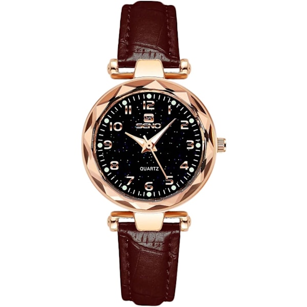 Damklocka i rostfritt stål, elegant läderarmbandsklocka, analog kvartsklocka för kvinnor, värdklocka, brun Brown