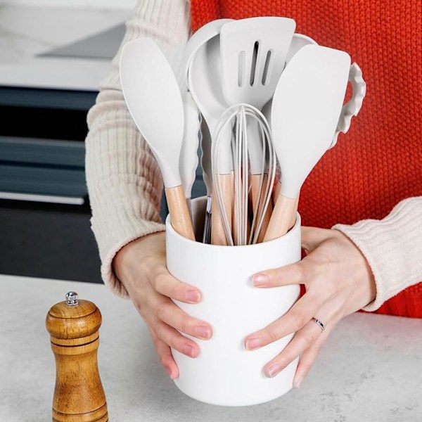 12-delad köksredskapssats, värmebeständiga trähandtag med hållare, non-stick spatel 4 white