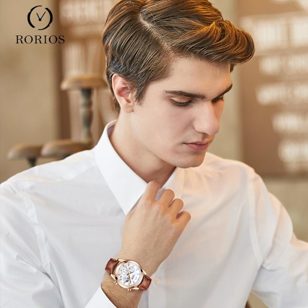 Herrarmbandsklocka Elegant Diamant Chronograf Läder Armband Vit Kaffe White coffee