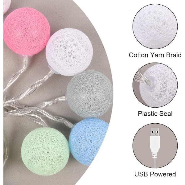 Bomuldsbolde lyskæde, 3,3 m bomuldsbolde lyskæde, 20 LED bolde lyskæde, lyskæde, LED lyskæde til børneværelse, soveværelse, jul, bryllup, fest Macaron USB