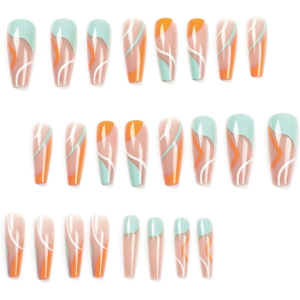 24 stk Press on Nails Lang, Oransje og Mint Grønn Swirl Falske Negler