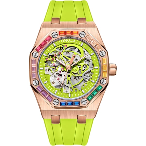 Men's Mechanical Automatic Watch Skeleton Waterproof Colorful Diamond Silicone Pink Green