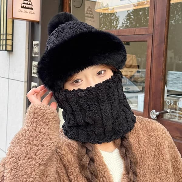 Blød Bomuldshat, Opvarmet Øreklapper Beanie, Alsidig Vinter Halsvarmer, Sort