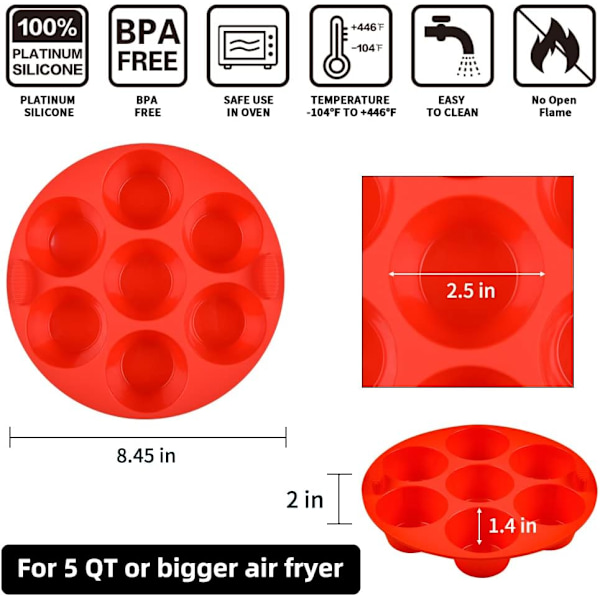Silikoninen Air Fryer -muffinvuoa - 7 koveraa leivontamuottia, 2-pakkaus Punainen Red 2