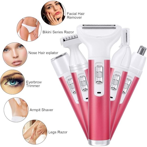 Elektrisk barbermaskin for kvinner, 5-i-1 smertefri epilator, USB-oppladbar våt og tørr barbermaskin for ansikt, ben, bikinilinje