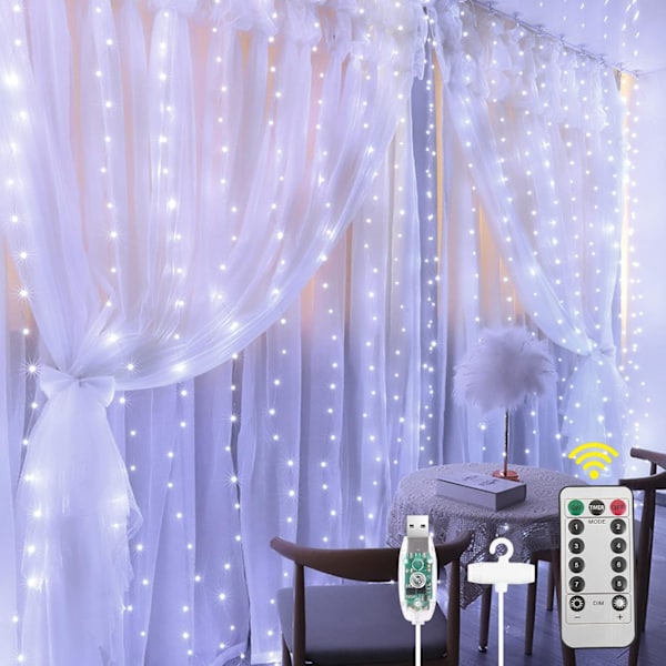 3x3m LED-gardinlampor, 300 LED, USB, 8 lägen, vattentät för inomhus, bröllop, fest, varmvit USB Drive（White）