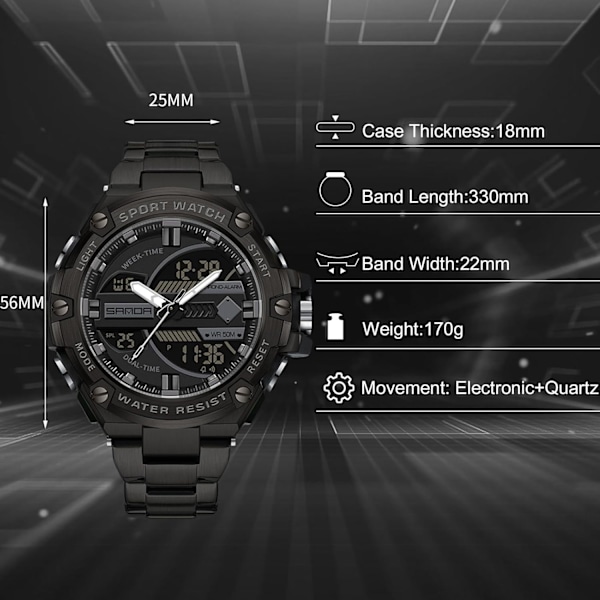 Herrar Dubbel Display Klocka 5 ATM Vattentät Digital Analog Militär Rostfritt Stål Svart B Black B