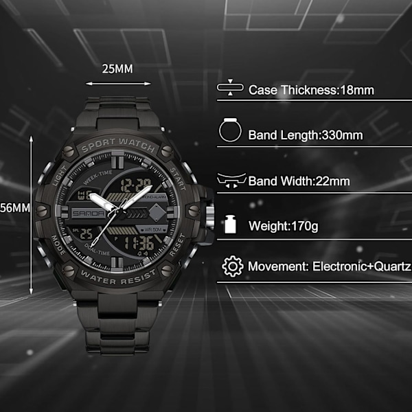 Mænds Dobbelt Display Ur 5 ATM Vandafvisende Digital Analog Militær Rustfrit Stål Sort B Black B