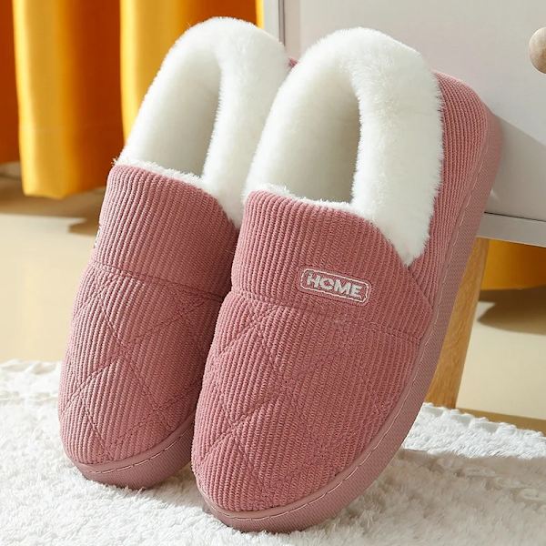 Tjocka plattform lurviga tofflor Inomhus utomhus män bomullsskor unisex Håll varm sammet Plysch ankel snöstövlar kvinnor hem tofflor A-Pink 38-39