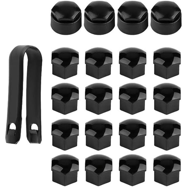 CQBB 20 st 17 mm högkvalitativa bultmutterkåpor (4 st cap+ 16 st normal cap), sexkantiga skyddskåpor för hjulmuttrar, med borttagningsverktyg (svart)