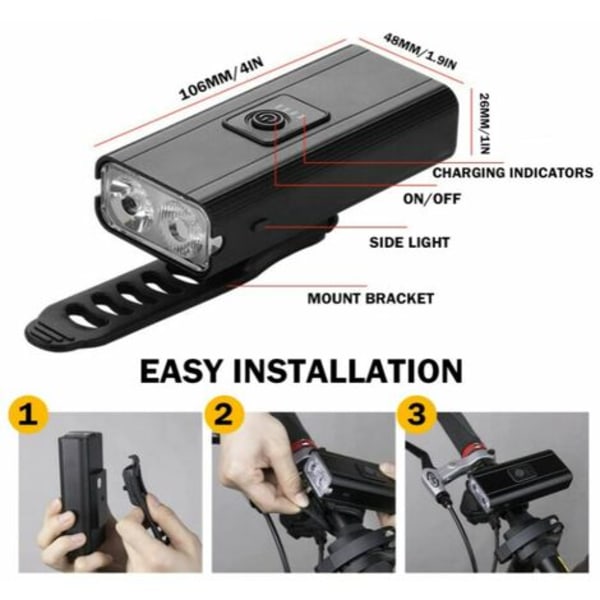 Oppladbar frontlykt for sykkel, 800 lumen sykkellykt med 4 timers driftstid (svart)-