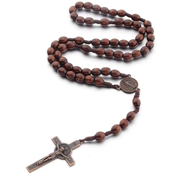 Katolskt kors Rosenkranshalsband, bönepärlor i naturligt trä med Jesus Christ Saint Benedict (mörkbrun) Mörkbrun