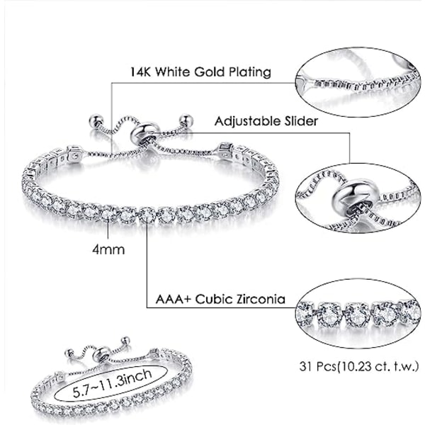 CQBB Tennisarmband för kvinnor Vitguldpläterad diamant AAA+ Cubic Zirconia CZ Snyggt klassiskt justerbart skjutarmband Silver Modesmycken