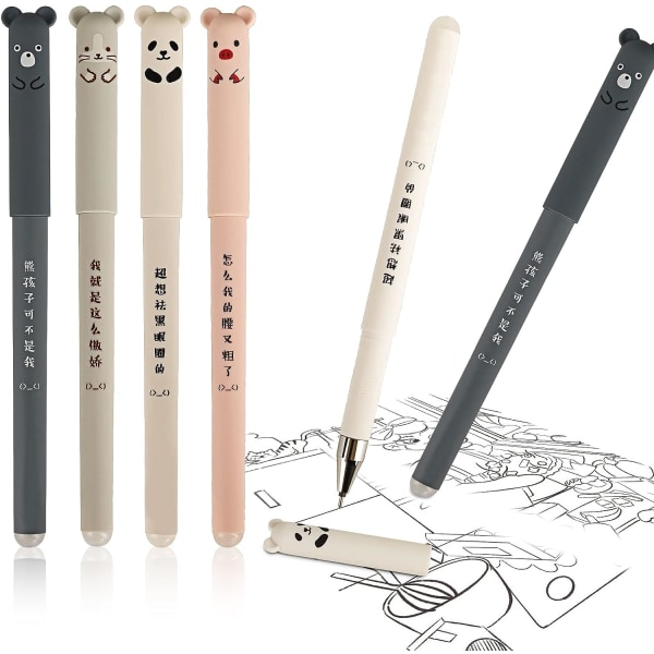 Raderbara gelbläckpennor - 4-pack med söt tecknad djurdesign för barn och vuxna (0,35 mm, svart)